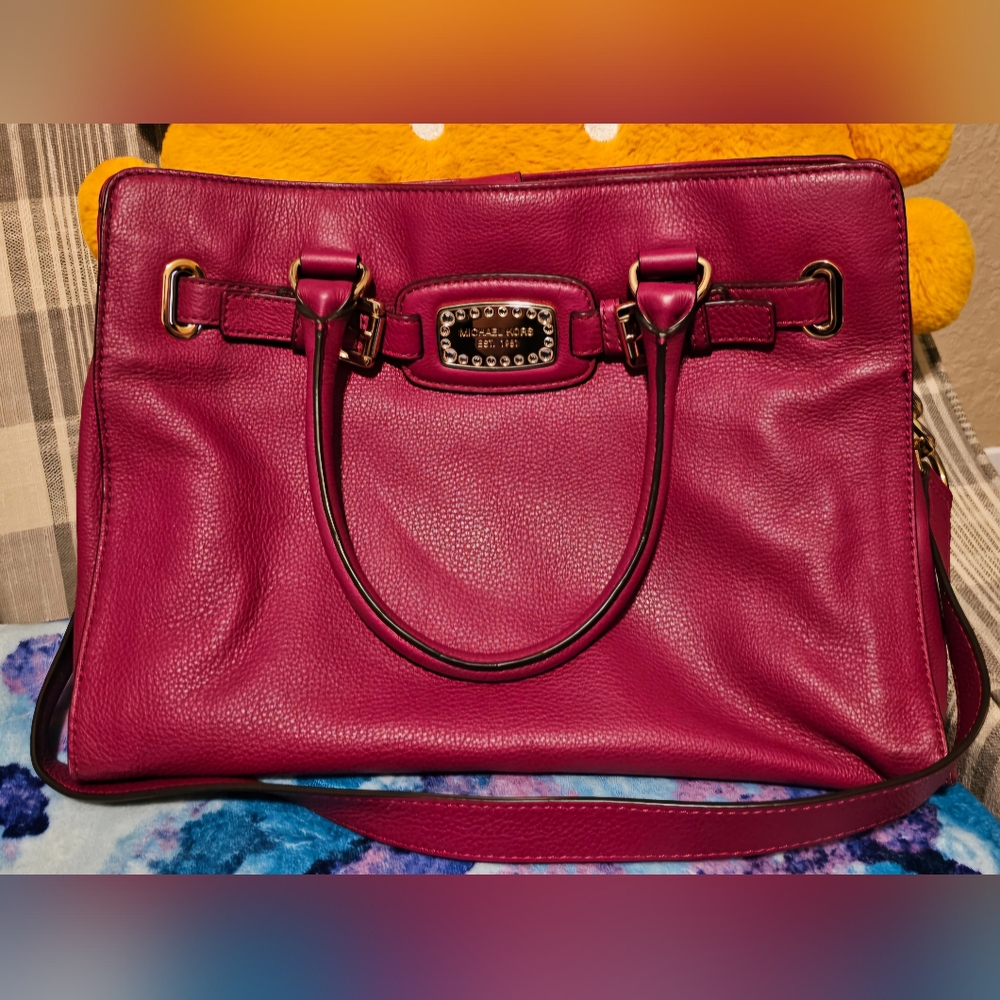 Michael Kors Hot Pink Leather Tote Bag w/Multiple Pockets & Gold Accents